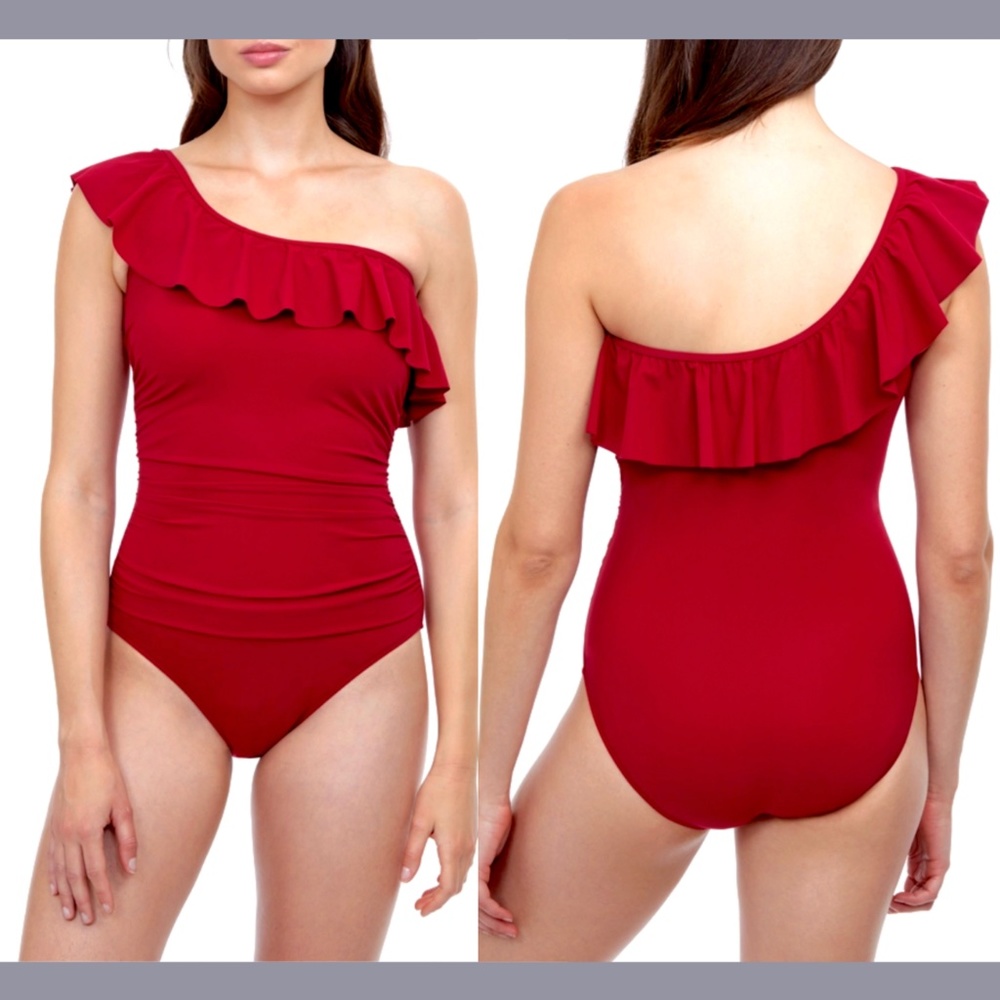 NWT Profile‎ by Gottex [ 12 ] Tutti Ruffle One Shoulder One Piece Swimsuit